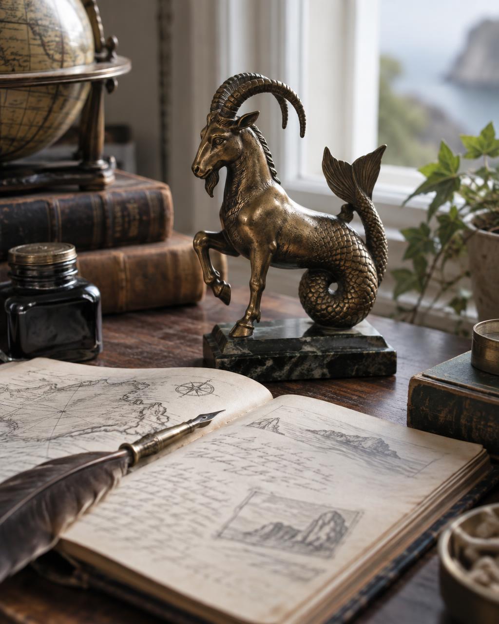 A brass Capricorn sea-goat figurine on a writer's desk