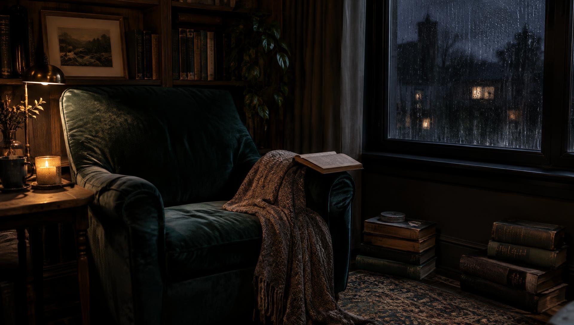 A velvet reading chair with an open book by a rainy window