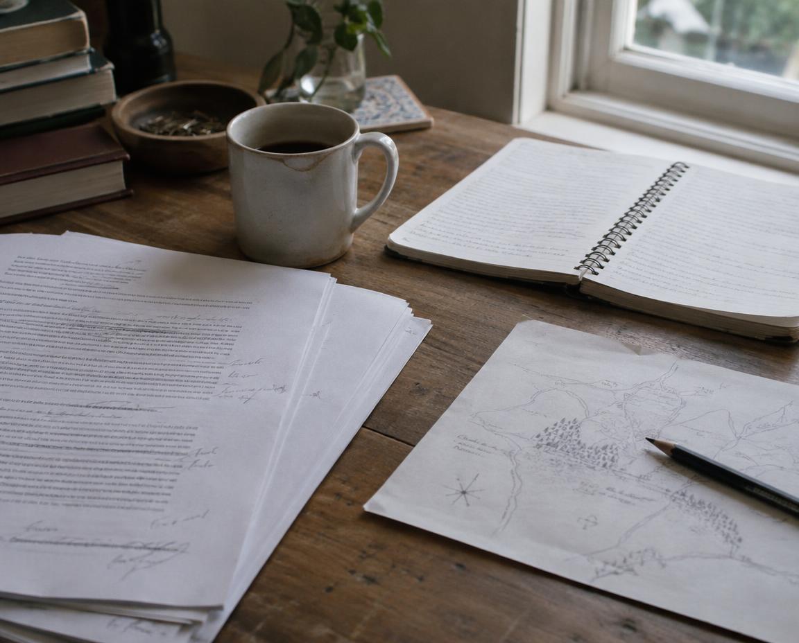 A writing table with edited pages, a fantasy map and a character chart